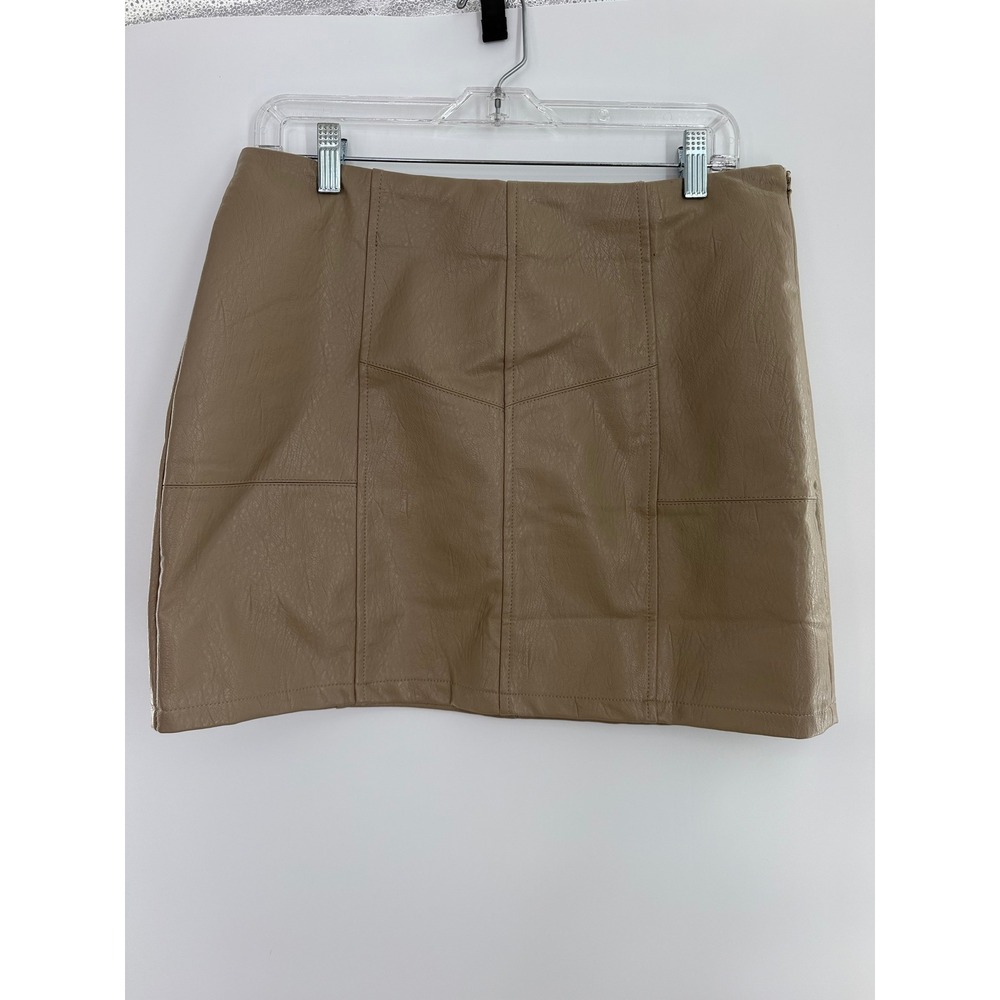 Bluivy Tan Faux Leather Mini Skirt Beige Panelled Contemporary Womens L - Picture 5 of 8